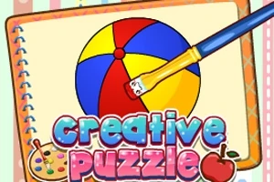En farverig illustration af en bold, der bliver malet med pensel, med teksten creative puzzle nedenunder, omgivet af en notesbog