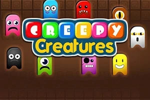 Farverige, tegneserieagtige væsner med forskellige ansigtsudtryk omgiver teksten Creepy Creatures på en brun baggrund