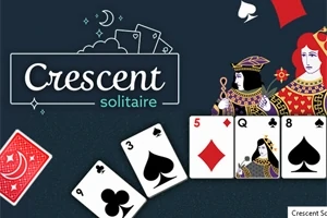 Kortspilgrafik med konger og dronninger, farvede spillekort og teksten Crescent Solitaire