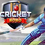 En tegneseriefigur iført cricketudstyr svinger en cricketbat med et stadion i baggrunden og teksten Cricket 2020 på et skjold i venstre side
