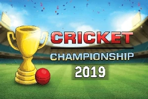 Guldpokal og rød bold på en cricketbane med teksten Cricket Championship 2019 mod en himmel med konfetti