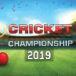 Guldpokal og rød bold på en cricketbane med teksten Cricket Championship 2019 mod en himmel med konfetti