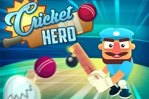 Tegneseriefigur klædt i blåt spiller cricket på en farverig bane med et stort træbat og flyvende cricketbolde