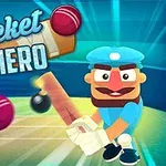 Tegneseriefigur klædt i blåt spiller cricket på en farverig bane med et stort træbat og flyvende cricketbolde