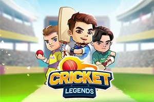 Tre animerede figurer iført cricketudstyr står på en stadion med en stor farverig logo i forgrunden