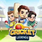 Tre animerede figurer iført cricketudstyr står på en stadion med en stor farverig logo i forgrunden