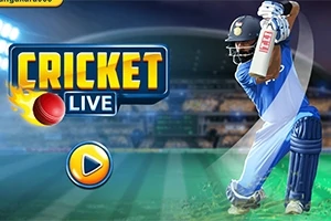 Cricketspiller i blåt tøj svinger battet på en oplyst stadionbaggrund med teksten Cricket Live og en play-knap