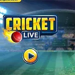 Cricketspiller i blåt tøj svinger battet på en oplyst stadionbaggrund med teksten Cricket Live og en play-knap