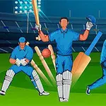 Tre cricketspillere i blå uniformer på en oplyst stadion med en bold i bevægelse og bat