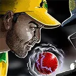 To mænd iført forskellige hjelme stirrer intenst på hinanden med en rød cricketbold med lyn mellem dem