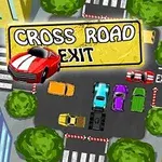 Farverige biler stopper ved et kryds omgivet af grønne træer og farverige bygninger, med et skilt der siger Cross Road Exit