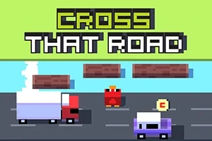 Pixelgrafik af en rød fugl på en vej med biler og tømmerflåder, og teksten Cross That Road øverst