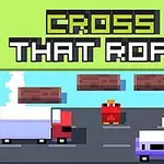 Pixelgrafik af en rød fugl på en vej med biler og tømmerflåder, og teksten Cross That Road øverst