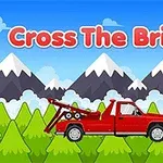 Rød lastbil med bjerglandskab og tekst Cross The Bridge i baggrunden
