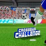 En fodboldspiller iført blå shorts sparker en bold mod målet, mens teksten Crossbar Challenge ses i forgrunden