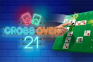 En lysende neon tekst Cross Over 21 ved siden af en hånd, der peger på et grønt spillekortbræt med tal og kortsymboler