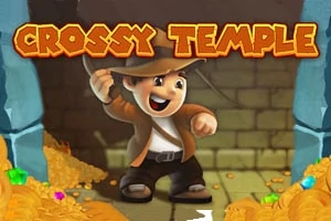 En tegneseriefigur i efterforskerkostume står med en pisk i hånden foran en tempelbaggrund, omringet af guld og ædelstene