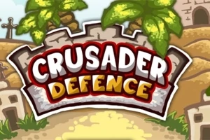 Titel med teksten Crusader Defence i et tegneserie-landskab med palmetræer og en mur