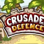 Titel med teksten Crusader Defence i et tegneserie-landskab med palmetræer og en mur