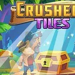 Tegnefilmfigur iført hat holder en hammer op ved siden af en skattekiste i en jungle med en stenskulptur i baggrunden og teksten Crushed Tiles øverst