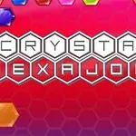 Farverige sekskantede krystaller på en rød baggrund med ordet Crystal Hexajong i midten