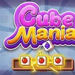 Farverigt logo med teksten Cube Mania over tre firkanter med tomater på, placeret på en lysblå baggrund