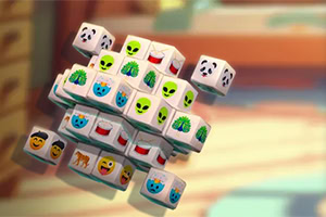 En flydende klynge af terninger med forskellige emoji-grimasser, som rumvæsener, pandaer og ansigter