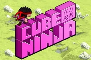Lyserøde tredimensionelle blokke danner ordene CUBE NINJA på en grøn baggrund med en lille figur iført en rød maske ovenpå