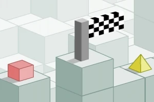 En isometrisk scene med en lyserød terning, en gul pyramide og et sort-hvidt ternet målflag på geometriske blokke