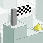 En isometrisk scene med en lyserød terning, en gul pyramide og et sort-hvidt ternet målflag på geometriske blokke