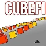 Teksten CUBEFIELD i røde bogstaver med et perspektivisk landskab af orange og gule terninger på en grå sti