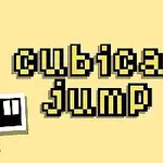 Teksten cubical jump i pixel-stil med sorte og hvide firkanter på en gul baggrund