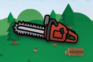 En illustration af en rød motorsav foran en tegneserieagtig skov med træer og stubbe