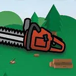 En illustration af en rød motorsav foran en tegneserieagtig skov med træer og stubbe