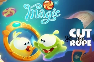 To an animation af to farverige figurer, hvor den ene er gul og smilende ved et magisk spejl, mens den anden er grøn og glad, med en blå baggrund og diverse slikmotiver