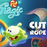 To an animation af to farverige figurer, hvor den ene er gul og smilende ved et magisk spejl, mens den anden er grøn og glad, med en blå baggrund og diverse slikmotiver