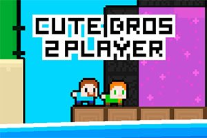 Pixelart-billede med to figurer, som står ved siden af hinanden på platforme, med teksten Cute Bros 2 Player ovenfor