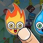 En tegneserieillustration af en ildflamme og en vanddråbe med ansigter, omgivet af blokke og en finger peger på dem