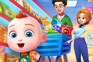 En tegning af en glad baby foran en indkøbsvogn fyldt med varer, skubbet af to smilende voksne i en farverig supermarkedsgang
