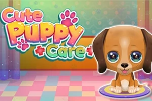 En sød tegneseriehund med store øjne sidder på en farverig ternet baggrund ved siden af teksten Cute Puppy Care