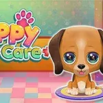 En sød tegneseriehund med store øjne sidder på en farverig ternet baggrund ved siden af teksten Cute Puppy Care