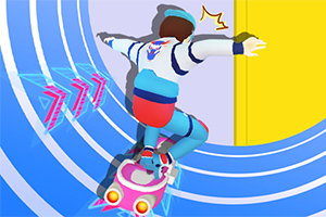 En person iført sporty tøj kører på en futuristisk bræt gennem en blå og gul tunnel