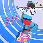 En person iført sporty tøj kører på en futuristisk bræt gennem en blå og gul tunnel
