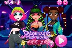 Tre tegn i farverige cyberpunk-outfits og frisurer foran en futuristisk baggrund med teksten Cyberpunk Hairstyle 2200