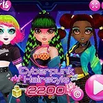 Tre tegn i farverige cyberpunk-outfits og frisurer foran en futuristisk baggrund med teksten Cyberpunk Hairstyle 2200