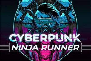 En futuristisk figur med gasmaske og neonblåt hår mod en mørk baggrund med teksten CYBERPUNK NINJA RUNNER