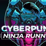 En futuristisk figur med gasmaske og neonblåt hår mod en mørk baggrund med teksten CYBERPUNK NINJA RUNNER