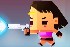 Tegneseriefigur med pink tøj skyder en laserpistol