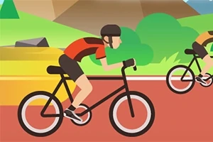 To cyklister iført hjelme og sportsudstyr kører på en landevej omgivet af bjerge og grønt landskab