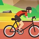 To cyklister iført hjelme og sportsudstyr kører på en landevej omgivet af bjerge og grønt landskab